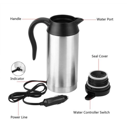 Car Electric Kettle 750ml 12V Car Stainless Steel Cigarette Lighter Heating Kettle Mug Electric Travel Thermoses